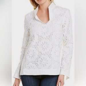 TORY BURCH TUNIC TOP WHITE BLOUSE FLORAL EMBROIDERED LACE